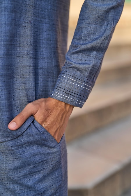 Shop_Dash And Dot_Blue Polyester Embroidery Textured Kantha Shirt _Online_at_Aza_Fashions