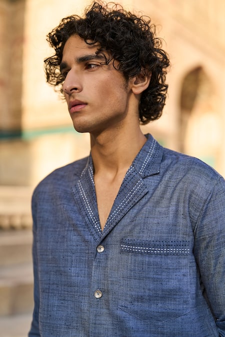 Dash And Dot_Blue Polyester Embroidery Textured Kantha Shirt _at_Aza_Fashions