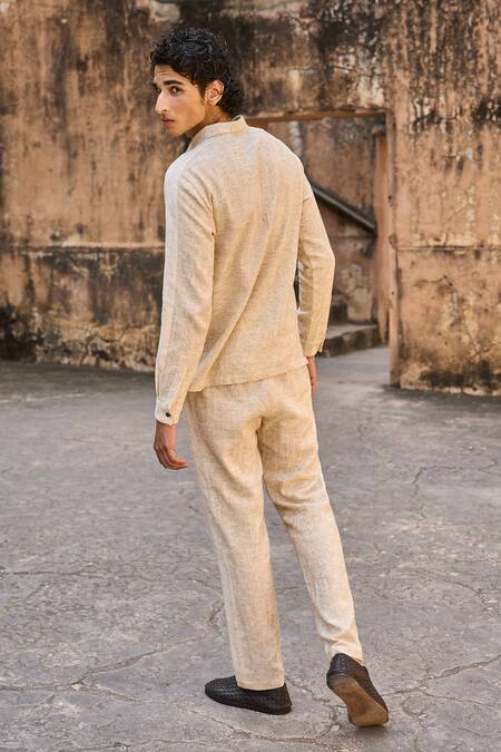 Shop_Dash and Dot_Brown 30% Linen Embroidery Geometric Lace Textured Shirt With Pant _at_Aza_Fashions