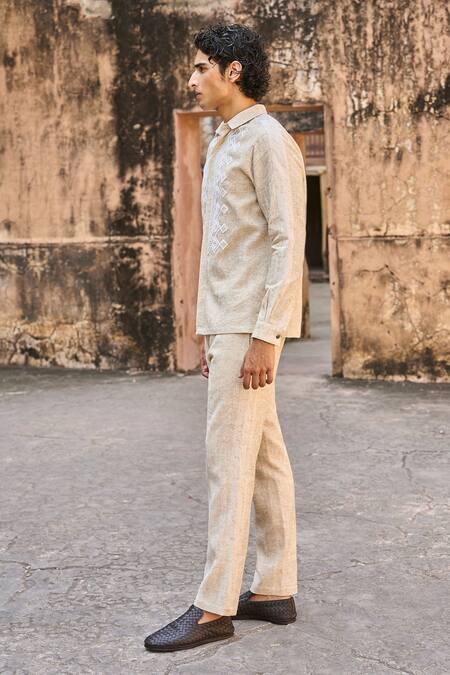 Dash and Dot_Brown 30% Linen Embroidery Geometric Lace Textured Shirt With Pant _Online_at_Aza_Fashions