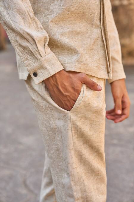 Shop_Dash and Dot_Brown 30% Linen Embroidery Geometric Lace Textured Shirt With Pant _Online_at_Aza_Fashions
