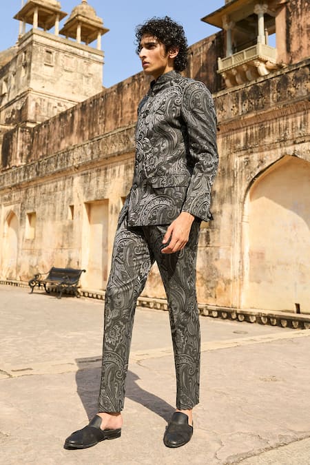 Dash And Dot Grey Polyester Paisley Woven Full Sleeve Bandhgala Online at Aza Fashions Dash And Dot_Grey Polyester Paisley Woven Full Sleeve Bandhgala _Online_at_Aza_Fashions