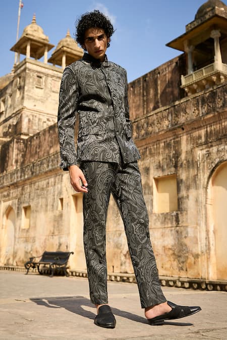 Buy Dash And Dot Grey Polyester Paisley Woven Full Sleeve Bandhgala Online at Aza Fashions Buy_Dash And Dot_Grey Polyester Paisley Woven Full Sleeve Bandhgala _Online_at_Aza_Fashions