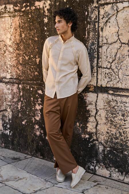 Dash And Dot_Gold Cotton, Silk, Linen Irregular Pintuck Pleated Shirt _Online_at_Aza_Fashions