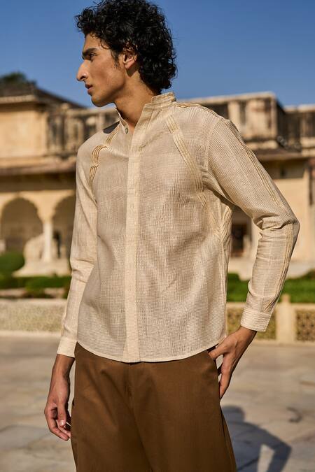Buy_Dash And Dot_Gold Cotton, Silk, Linen Irregular Pintuck Pleated Shirt _Online_at_Aza_Fashions