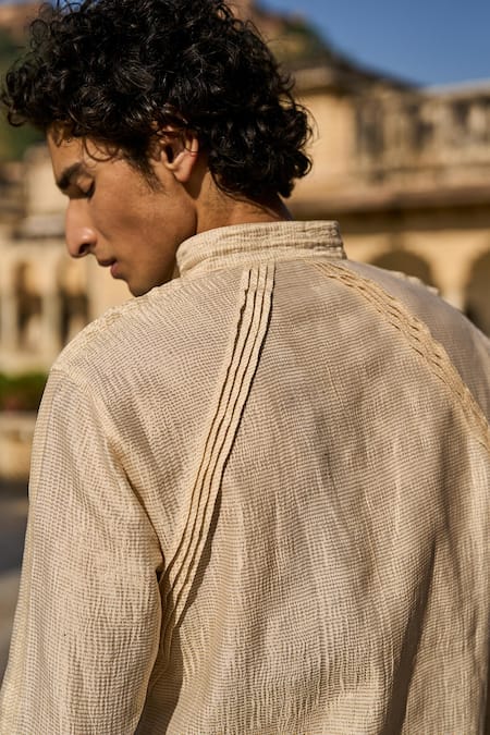 Shop_Dash And Dot_Gold Cotton, Silk, Linen Irregular Pintuck Pleated Shirt _Online_at_Aza_Fashions