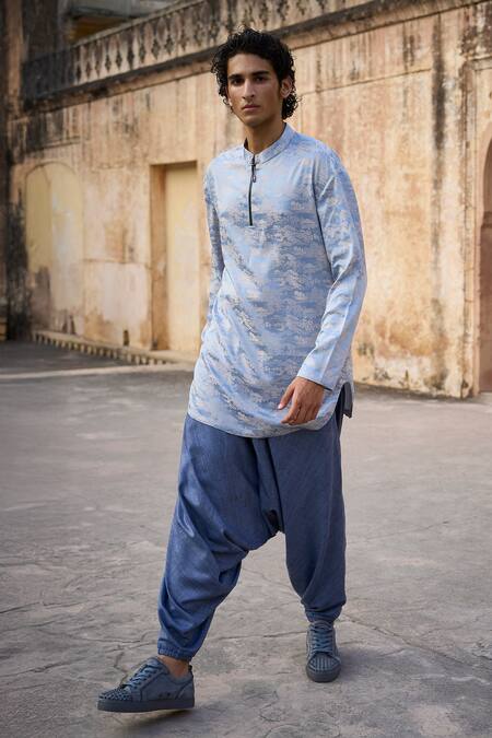 Dash And Dot_Blue Polyester Textured Slub Draped Harem Pant _at_Aza_Fashions