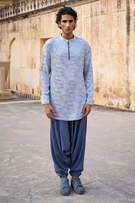 Dash And Dot_Blue Polyester Jacquard Village Woven Kurta With Harem Pant _Online_at_Aza_Fashions