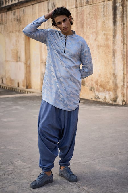 Shop_Dash And Dot_Blue Polyester Jacquard Village Woven Kurta With Harem Pant _Online_at_Aza_Fashions