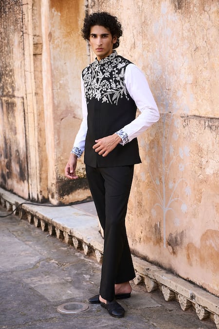 Buy Dash And Dot Black Polyester, Viscose Embroidery Floral Bundi And Shirt Set Online at Aza Fashions Buy_Dash And Dot_Black Polyester, Viscose Embroidery Floral Bundi And Shirt Set _Online_at_Aza_Fashions