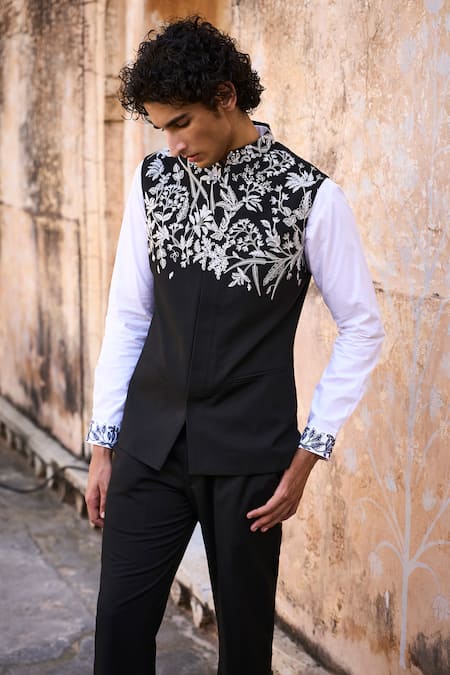 Shop Dash And Dot Black Polyester, Viscose Embroidery Floral Bundi And Shirt Set Online at Aza Fashions Shop_Dash And Dot_Black Polyester, Viscose Embroidery Floral Bundi And Shirt Set _Online_at_Aza_Fashions
