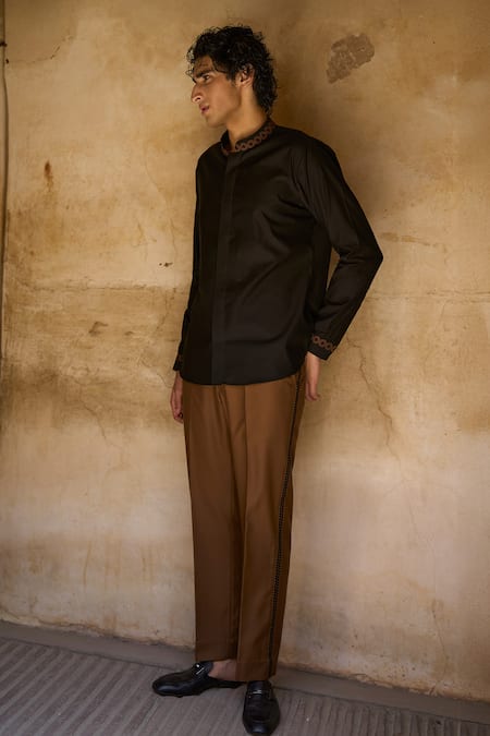 Dash And Dot_Brown Viscose, Polyester Embroidery Geometric Thread Straight Fit Pant _Online_at_Aza_Fashions