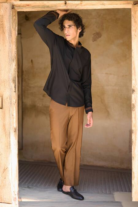 Buy_Dash And Dot_Brown Viscose, Polyester Embroidery Geometric Thread Straight Fit Pant _Online_at_Aza_Fashions