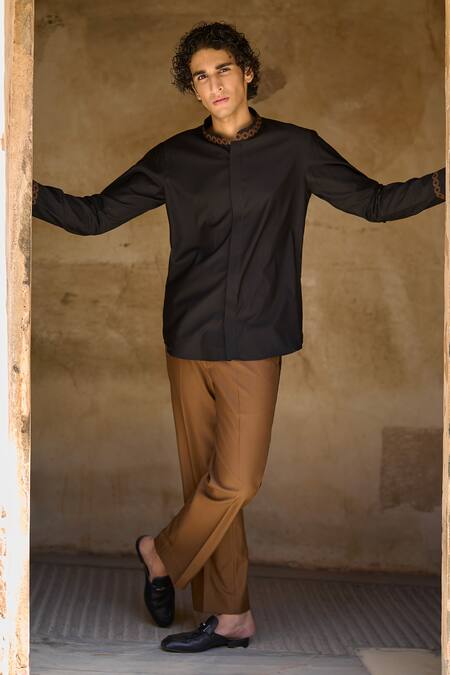 Shop_Dash And Dot_Brown Viscose, Polyester Embroidery Geometric Thread Straight Fit Pant _Online_at_Aza_Fashions
