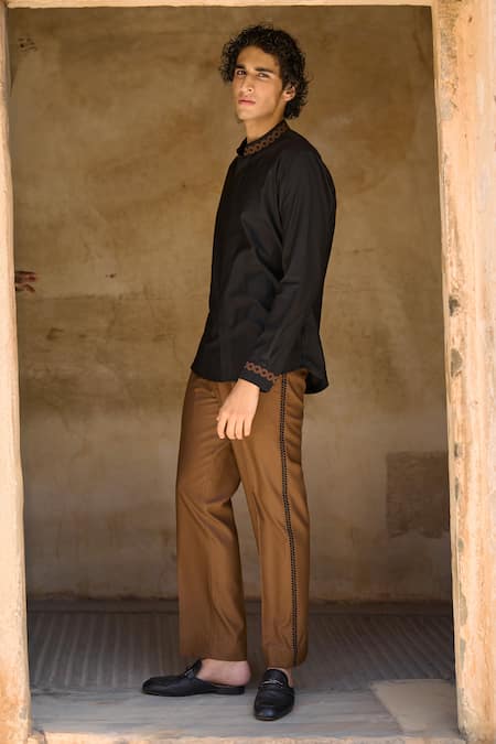 Dash And Dot_Brown Viscose, Polyester Embroidery Geometric Thread Straight Fit Pant _at_Aza_Fashions