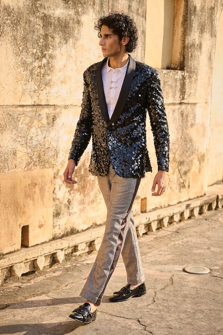 Dash And Dot_Black Polyester, Cotton Sequins, Brooches Embroidered Blazer And Shirt Set _Online_at_Aza_Fashions