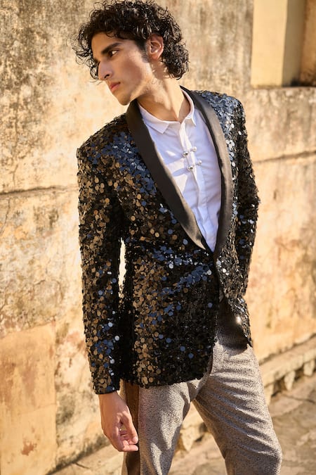 Buy_Dash And Dot_Black Polyester, Cotton Sequins, Brooches Embroidered Blazer And Shirt Set _Online_at_Aza_Fashions