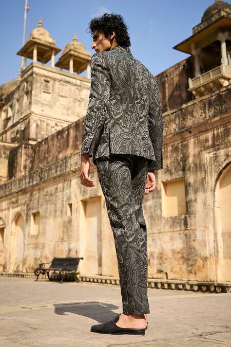 Shop Dash And Dot Grey Polyester Embroidery Paisley Woven Full Sleeve Bandhgala With Pant at Aza Fashions Shop_Dash And Dot_Grey Polyester Embroidery Paisley Woven Full Sleeve Bandhgala With Pant_at_Aza_Fashions