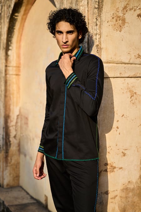 Dash And Dot Black Cotton Embroidery Organic Thread Shirt With Pant Online at Aza Fashions Dash And Dot_Black Cotton Embroidery Organic Thread Shirt With Pant_Online_at_Aza_Fashions
