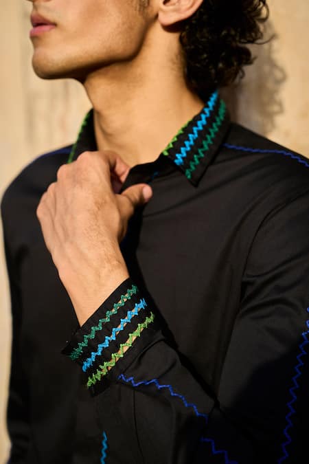 Buy Dash And Dot Black Cotton Embroidery Organic Thread Shirt With Pant Online at Aza Fashions Buy_Dash And Dot_Black Cotton Embroidery Organic Thread Shirt With Pant_Online_at_Aza_Fashions