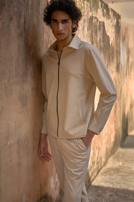 Buy Dash And Dot Cream Polyester, Rayon, Spandex Pinstripe Front Zipper Shirt Online at Aza Fashions Buy_Dash And Dot_Cream Polyester, Rayon, Spandex Pinstripe Front Zipper Shirt _Online_at_Aza_Fashions