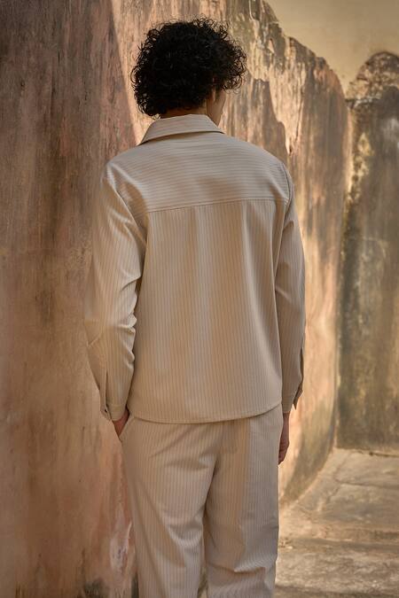 Shop Dash And Dot Cream Polyester, Rayon, Spandex Pinstripe Front Zipper Shirt Online at Aza Fashions Shop_Dash And Dot_Cream Polyester, Rayon, Spandex Pinstripe Front Zipper Shirt _Online_at_Aza_Fashions
