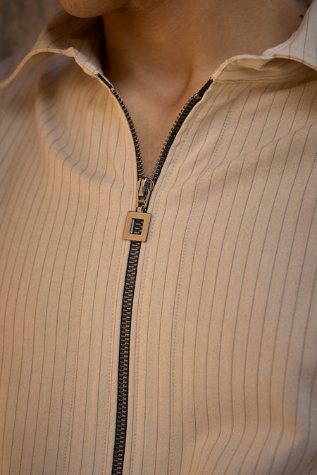 Dash And Dot Cream Polyester, Rayon, Spandex Pinstripe Front Zipper Shirt at Aza Fashions Dash And Dot_Cream Polyester, Rayon, Spandex Pinstripe Front Zipper Shirt _at_Aza_Fashions