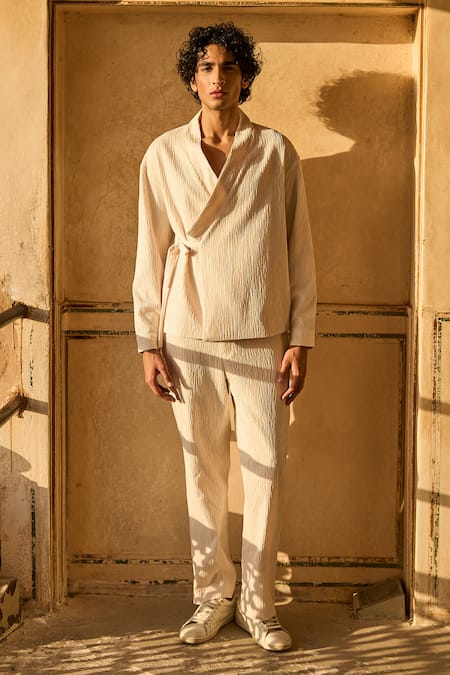 Dash And Dot Ivory Polyester Textured Kimono Style Tie Up Shirt Online at Aza Fashions Dash And Dot_Ivory Polyester Textured Kimono Style Tie Up Shirt _Online_at_Aza_Fashions