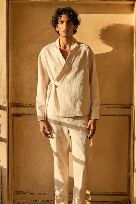 Dash And Dot Ivory Polyester Textured Kimono Style Tie Up Shirt at Aza Fashions Dash And Dot_Ivory Polyester Textured Kimono Style Tie Up Shirt _at_Aza_Fashions