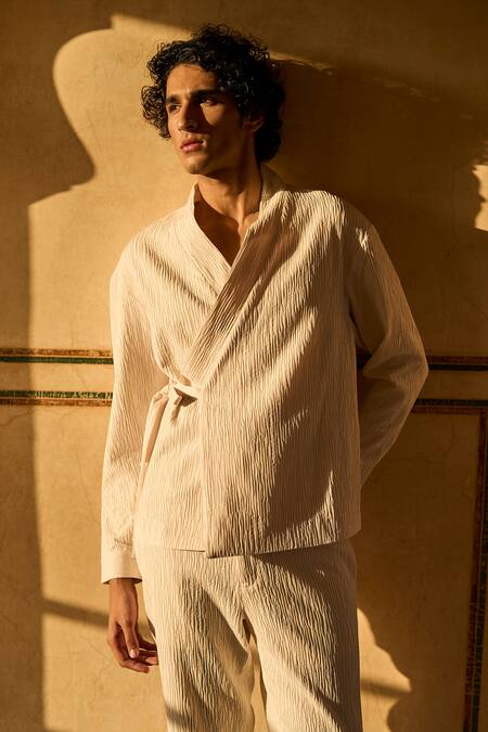 Dash And Dot_Ivory Polyester Textured Kimono Style Tie Up Shirt With Pant _Online_at_Aza_Fashions