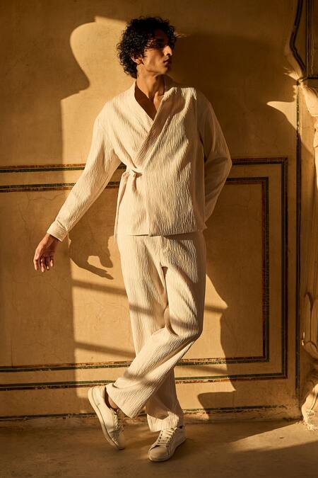 Buy_Dash And Dot_Ivory Polyester Textured Kimono Style Tie Up Shirt With Pant _Online_at_Aza_Fashions