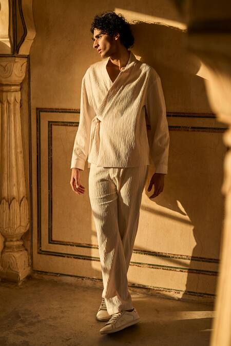 Shop_Dash And Dot_Ivory Polyester Textured Kimono Style Tie Up Shirt With Pant _Online_at_Aza_Fashions