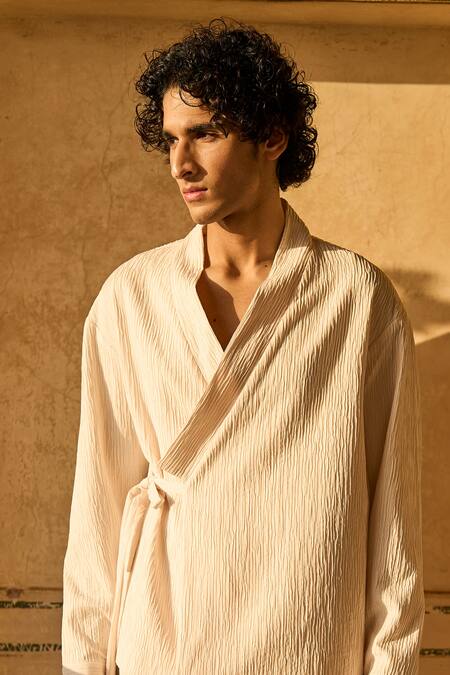 Dash And Dot_Ivory Polyester Textured Kimono Style Tie Up Shirt With Pant _at_Aza_Fashions