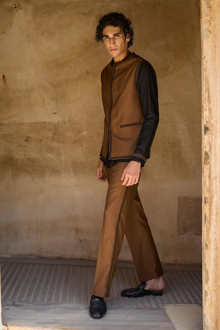 Dash And Dot Brown Polyester, Viscose, Cotton Embroidery Geometric Thread Bundi And Pant Set Online at Aza Fashions Dash And Dot_Brown Polyester, Viscose, Cotton Embroidery Geometric Thread Bundi And Pant Set _Online_at_Aza_Fashions