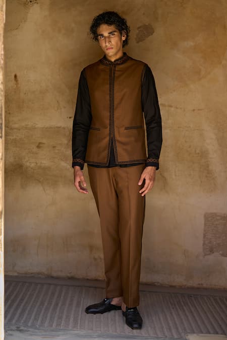 Shop Dash And Dot Brown Polyester, Viscose, Cotton Embroidery Geometric Thread Bundi And Pant Set Online at Aza Fashions Shop_Dash And Dot_Brown Polyester, Viscose, Cotton Embroidery Geometric Thread Bundi And Pant Set _Online_at_Aza_Fashions