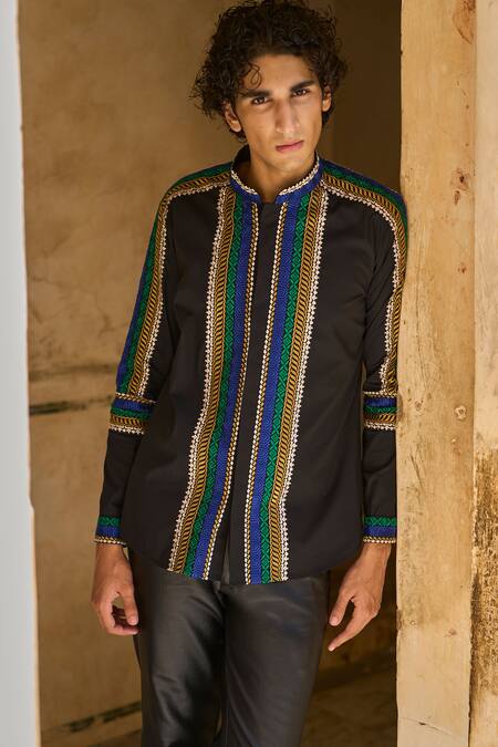 Dash And Dot_Black Cotton Embroidery Thread Full Sleeve Shirt _Online_at_Aza_Fashions