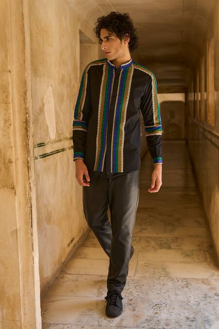 Shop_Dash And Dot_Black Cotton Embroidery Thread Full Sleeve Shirt _Online_at_Aza_Fashions