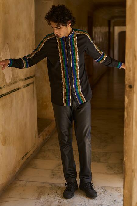 Dash And Dot_Black Cotton Embroidery Thread Full Sleeve Shirt _at_Aza_Fashions