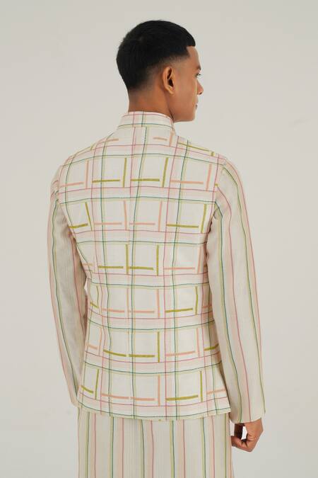 Shop Dhruv Vaish Ivory Silk Embroidery Checkered Jawahar Jacket at Aza Fashions Shop_Dhruv Vaish_Ivory Silk Embroidery Checkered Jawahar Jacket_at_Aza_Fashions