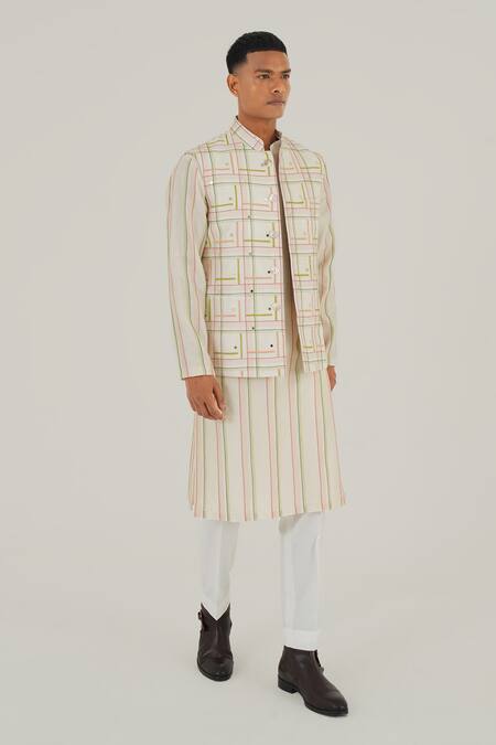 Dhruv Vaish Ivory Silk Embroidery Checkered Jawahar Jacket Online at Aza Fashions Dhruv Vaish_Ivory Silk Embroidery Checkered Jawahar Jacket_Online_at_Aza_Fashions
