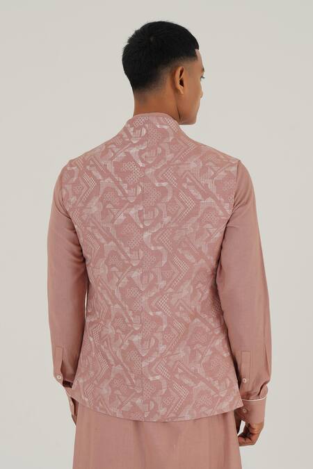 Dhruv Vaish_Pink Silk Printed Criss Cross Jawahar Jacket_Online_at_Aza_Fashions