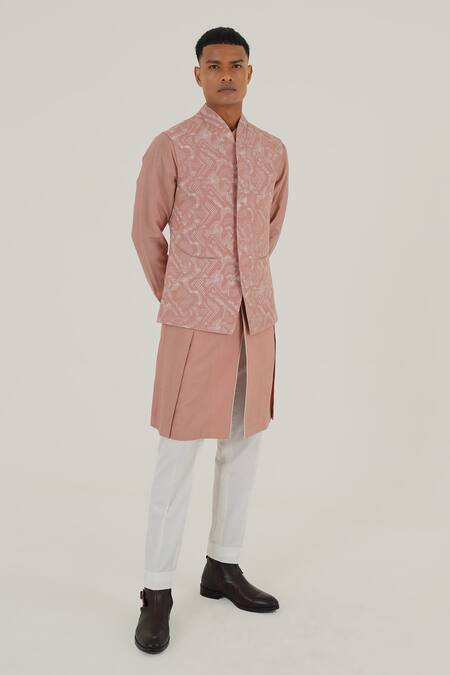 Buy_Dhruv Vaish_Pink Silk Printed Criss Cross Jawahar Jacket_Online_at_Aza_Fashions