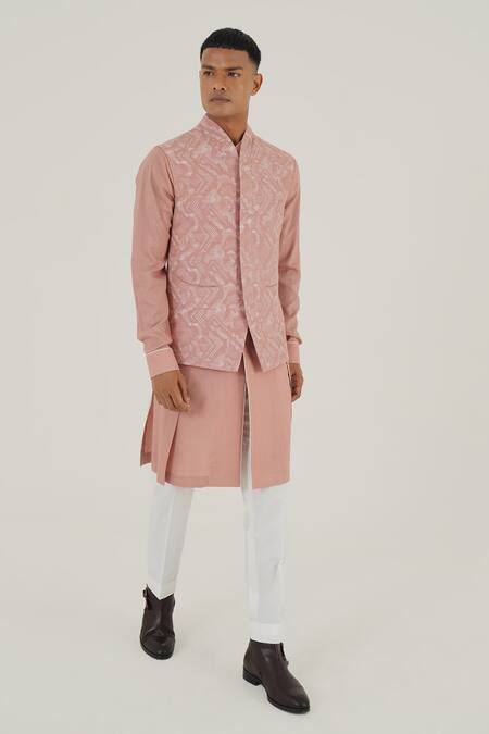 Shop_Dhruv Vaish_Pink Silk Printed Criss Cross Jawahar Jacket_Online_at_Aza_Fashions