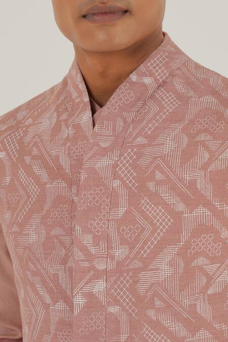 Dhruv Vaish_Pink Silk Printed Criss Cross Jawahar Jacket_at_Aza_Fashions