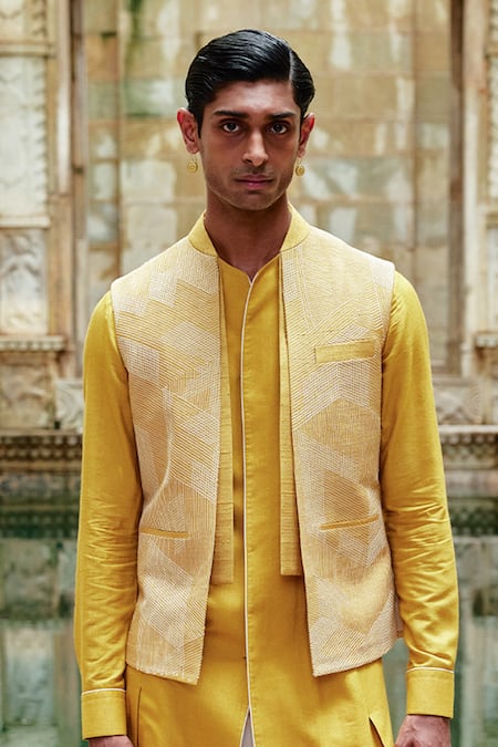 Shop_Dhruv Vaish_Yellow Silk Embroidery Geometric Thread Jawahar Jacket _at_Aza_Fashions
