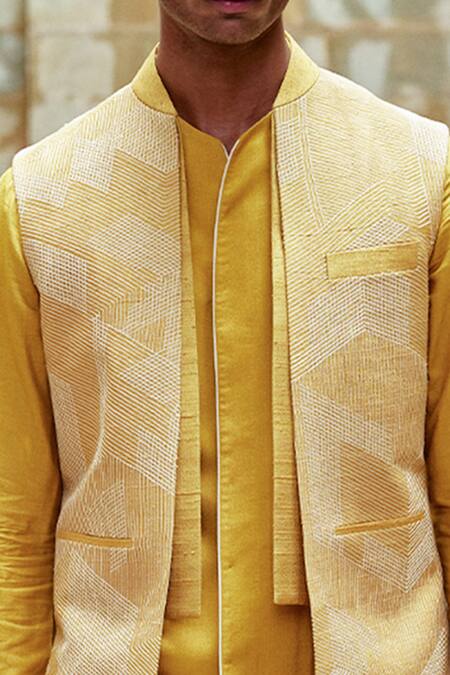 Dhruv Vaish_Yellow Silk Embroidery Geometric Thread Jawahar Jacket _Online_at_Aza_Fashions