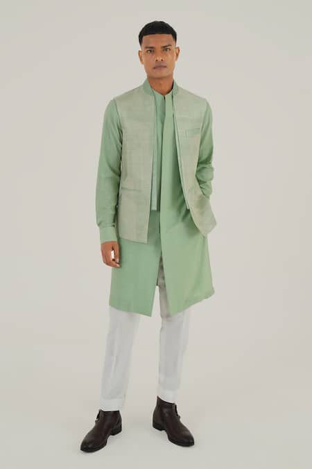 Dhruv Vaish Green Silk Embroidered Thread Mint Jawahar Jacket