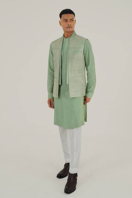 Dhruv Vaish Green Silk Embroidery Thread Mint Jawahar Jacket Online at Aza Fashions Dhruv Vaish_Green Silk Embroidery Thread Mint Jawahar Jacket _Online_at_Aza_Fashions