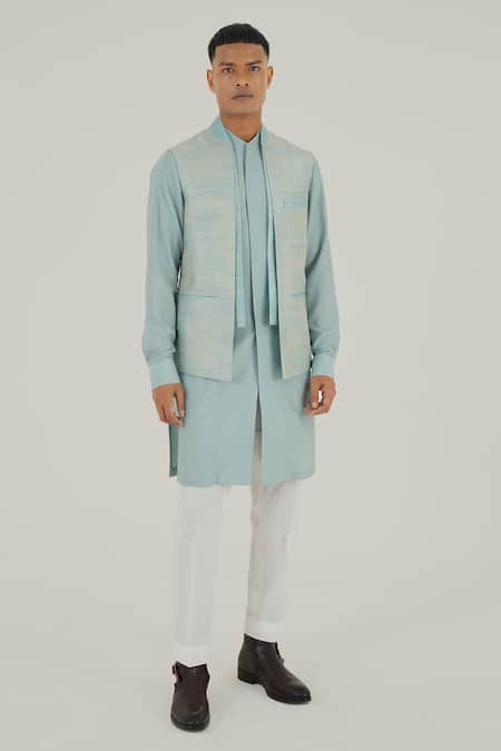 Dhruv Vaish Blue Silk Embroidered Thread Powder Jawahar Jacket 