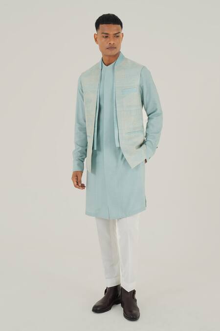 Buy_Dhruv Vaish_Blue Silk Embroidery Powder Jawahar Jacket _Online_at_Aza_Fashions
